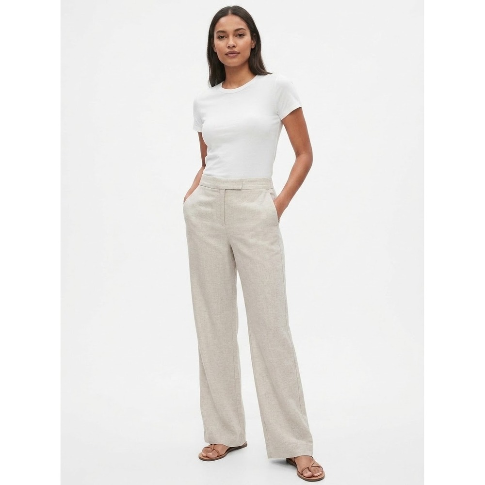 Gap Womens Linen Blend Wide Leg Trousers Oatmeal Beige High Rise Pants Size 10